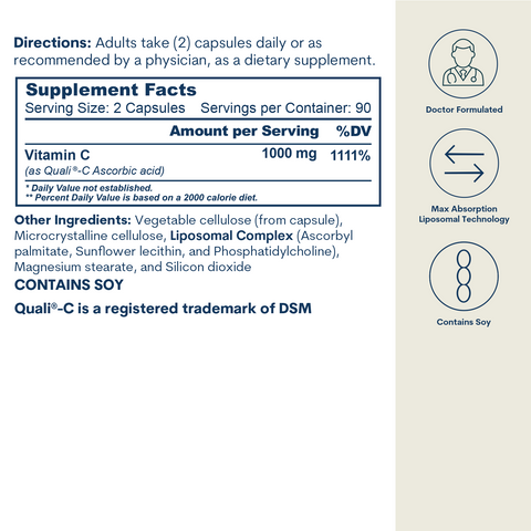 Liposomal Vitamin C Capsules 180 Count 90 Servings Supplement