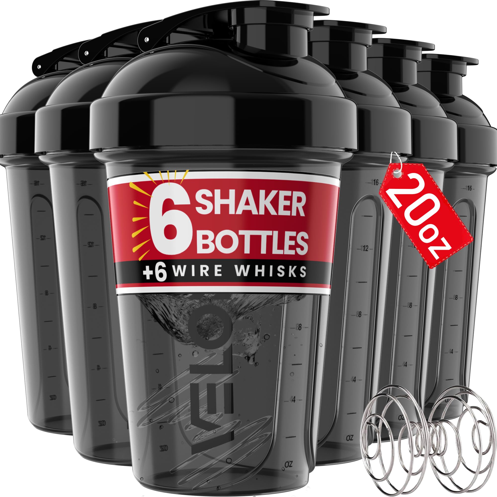 6-Pack 20 Oz Protein Shaker Bottles Black