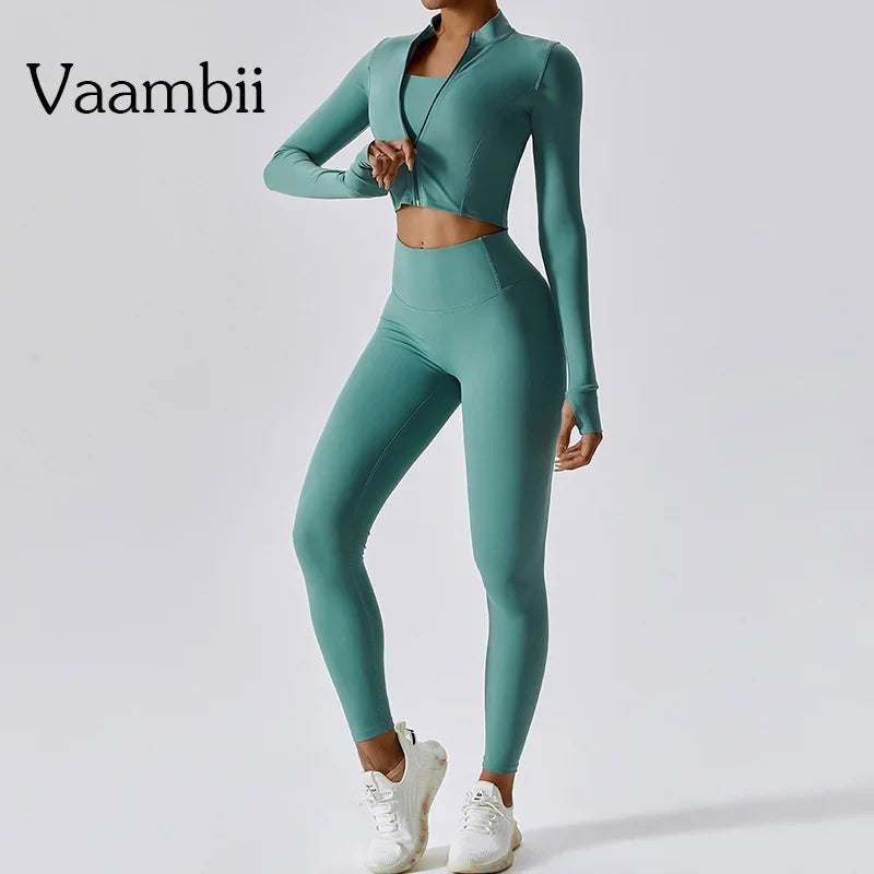 Women's 3-Piece Sports Bra Leggings Long Sleeve Set