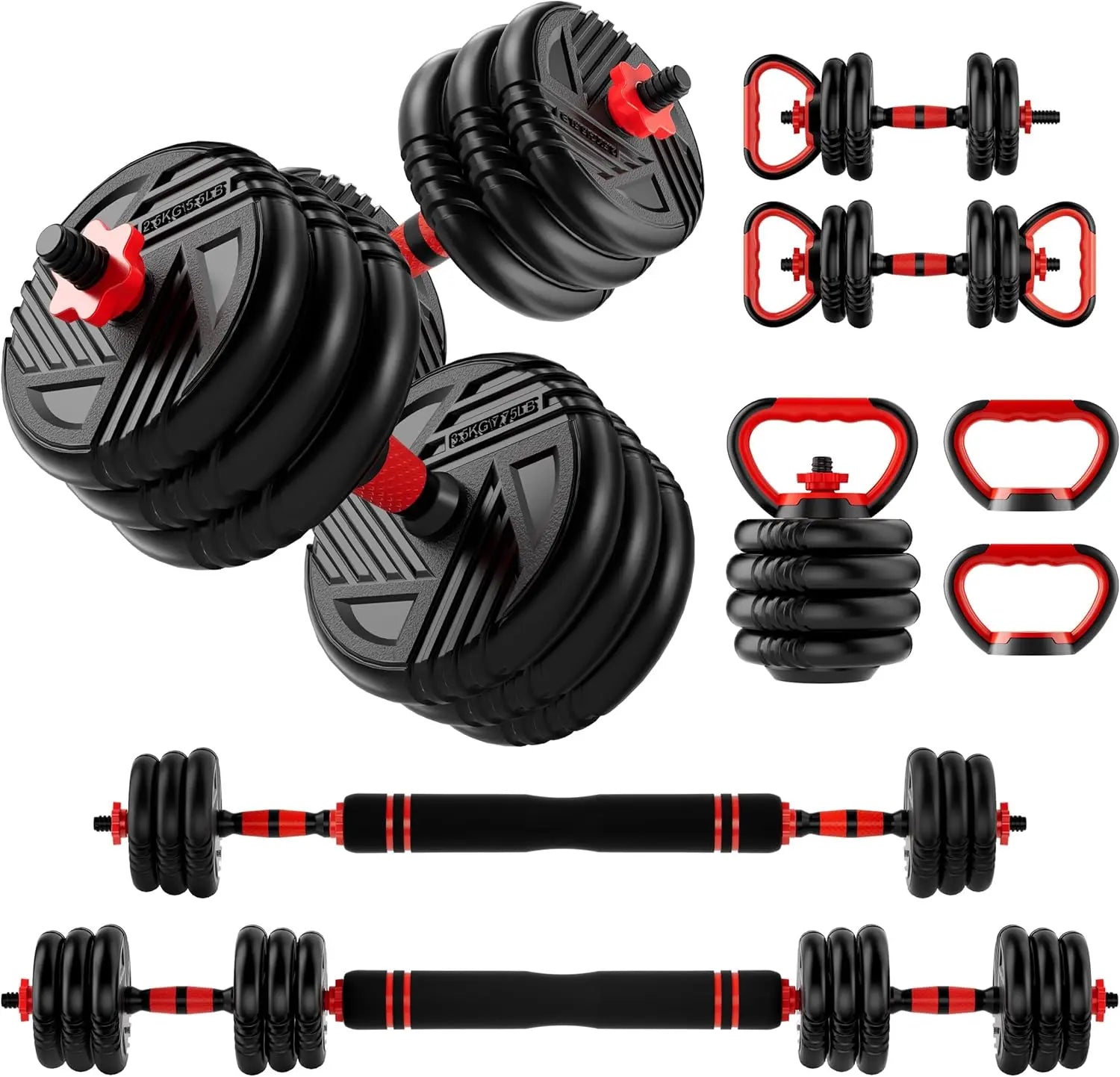 5-in-1 Adjustable Dumbbell Barbell Kettlebell Set 10-90lbs