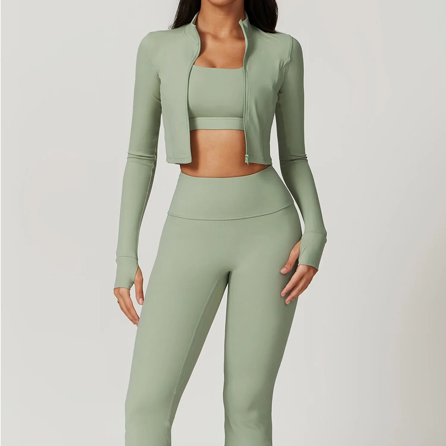 Women's 3-Piece Sports Bra Leggings Long Sleeve Set