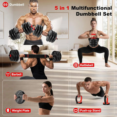 5-in-1 Adjustable Dumbbell Barbell Kettlebell Set 10-90lbs