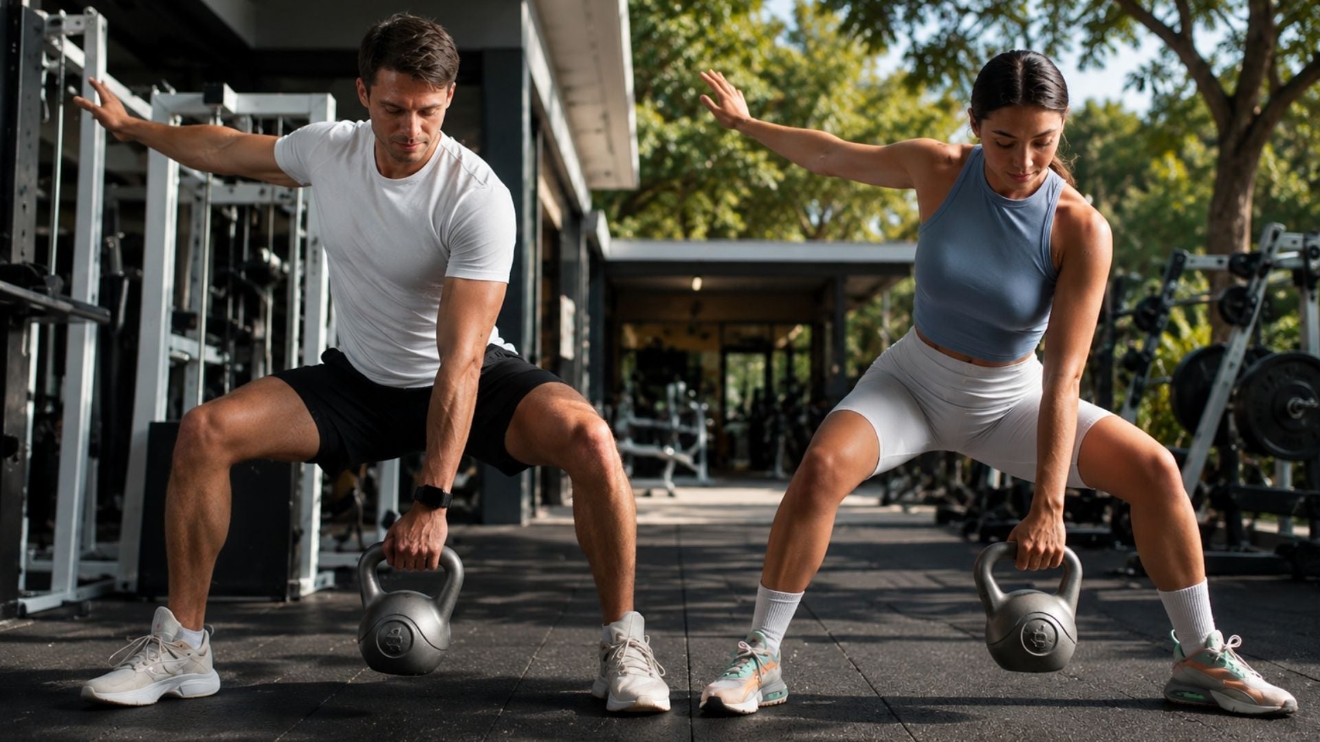A man and a woman in athletic wear perform kettlebell squats in a modern gym setting with weight machines and trees in the background.