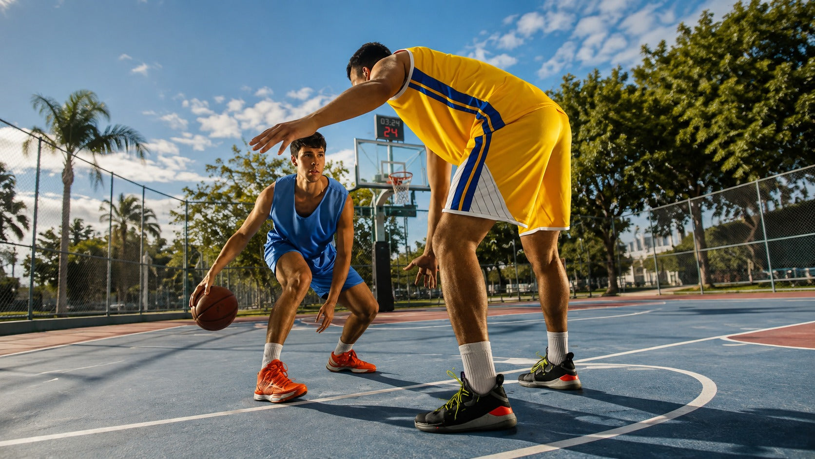Two men playing basketball on an outdoor court under a blue sky with palm trees and trees in the background. One player is wearing a yellow jersey with blue stripes and white shorts, while the other is wearing a blue jersey and holding a basketball.
